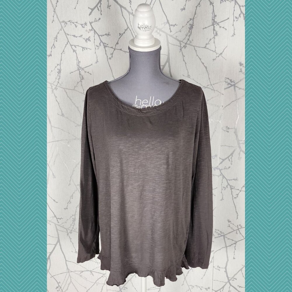 Susina Gray Cotton Modal Lettuce Hem Round Neck Top